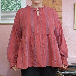 Wonderly Woven Cotton Boho Peasant Long Sleeve Stripe Top Size L EUC